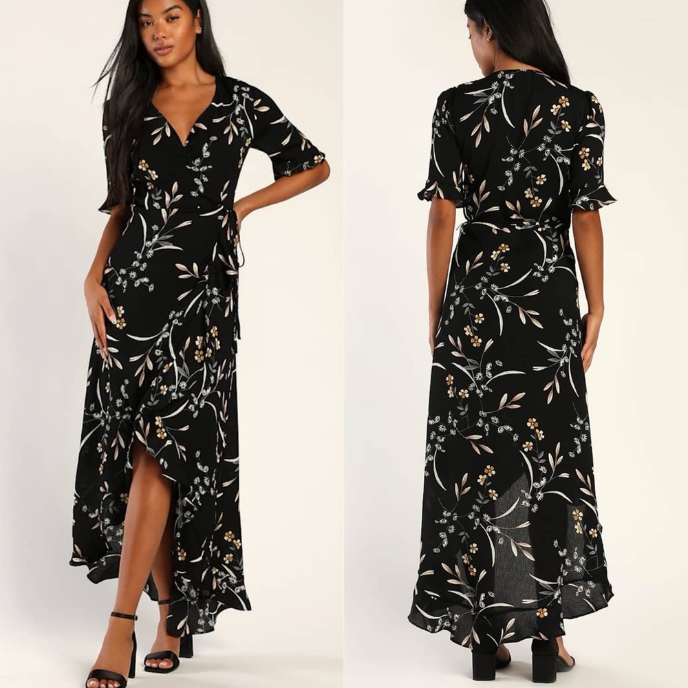 Lulus | Wild Winds Black Floral Print High-Low Wrap Dress